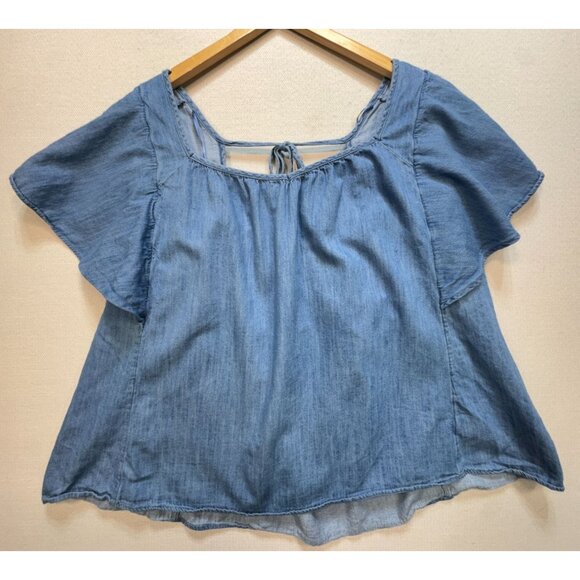 Old Navy Women Chambray Flutter Blouse Denim Sz 3X Blue Lightweight Short Sleeve - Picture 1 of 12